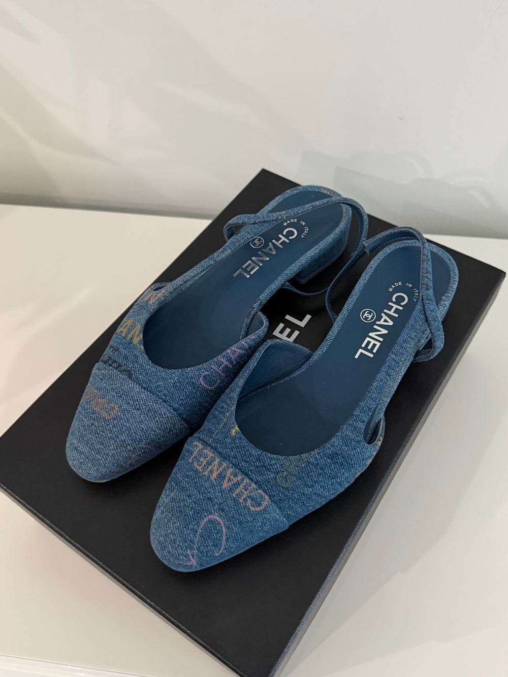 Chanel Denim Slingback Flats with Multicolor Logo Embroidery - Picture 3 of 5